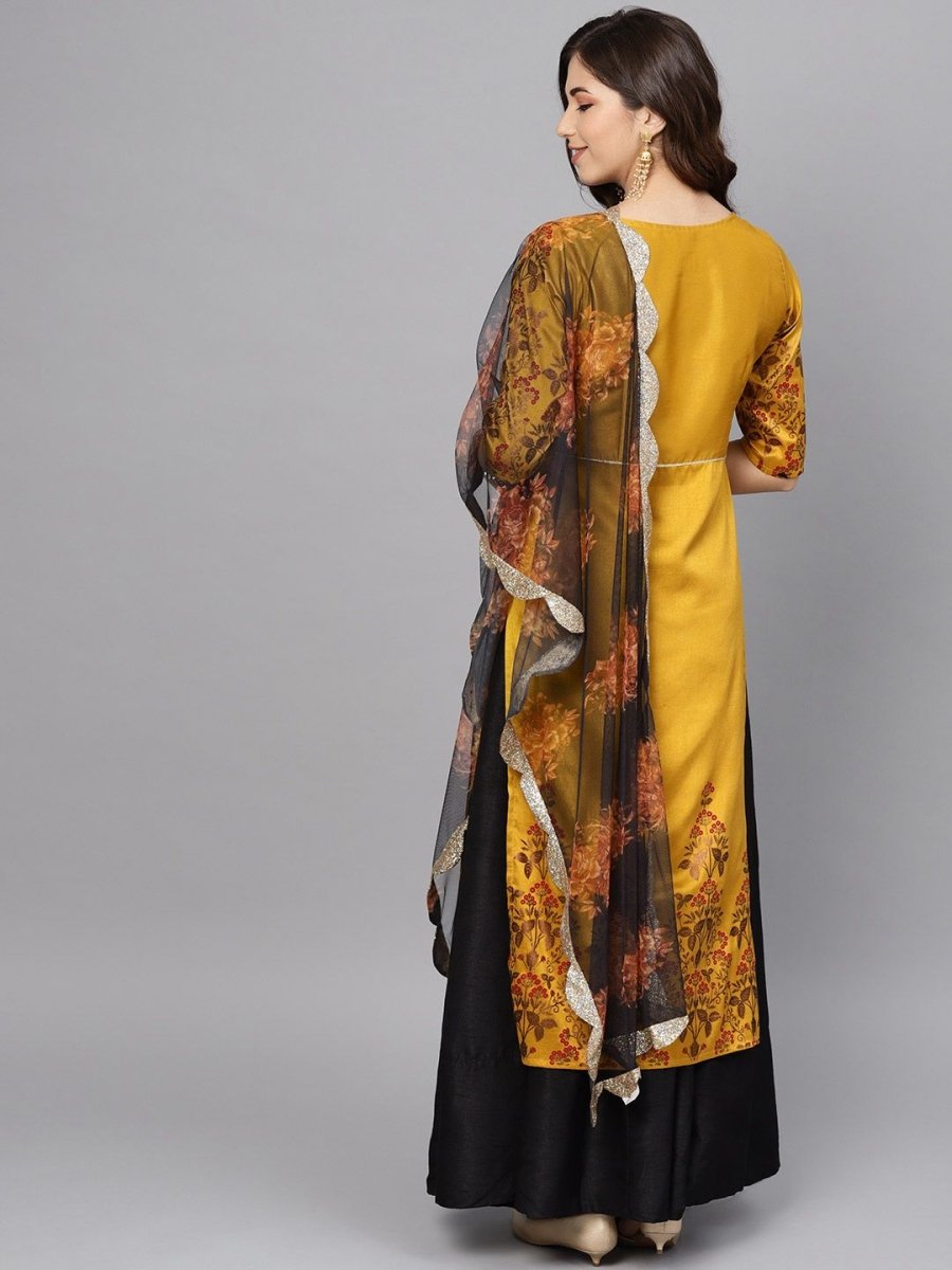 Ahalyaa Women's Mustard Poly Silk Printed Kurta Skirt Set With Dupatta | Grocsy