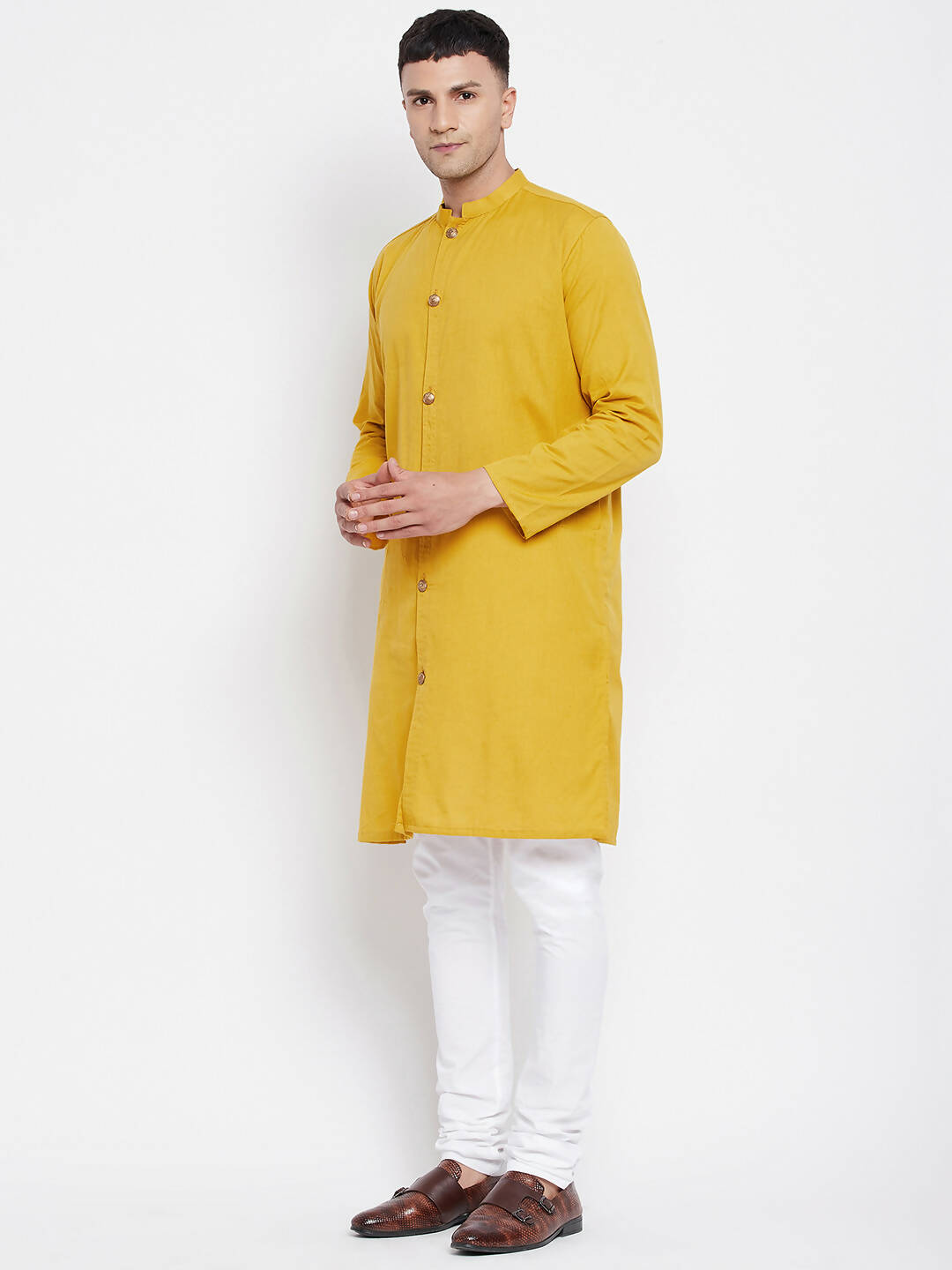 Even Apparels Yellow Pure Cotton Men's Sherwani Kurta With Open Front | Grocsy