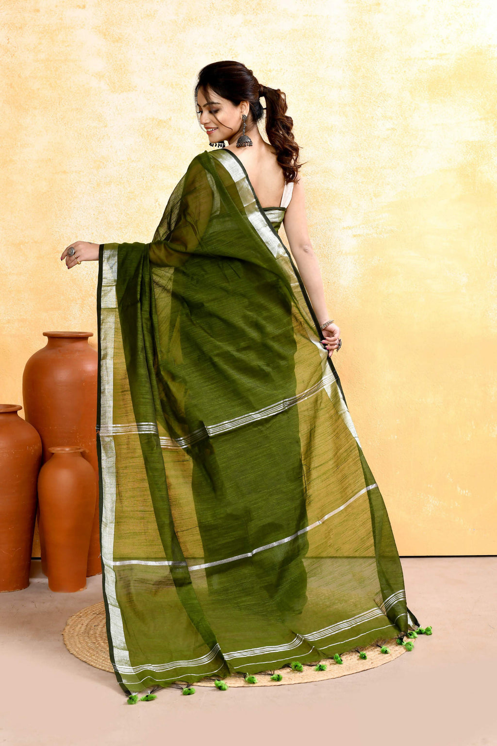 Piyari Fashion Women's Moss Green Embellished Cotton Blend Zari Border Handloom Saree | Grocsy