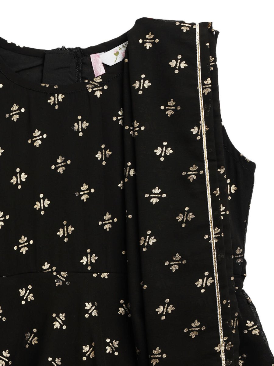 Ahalyaa Black Georgette Gold Foil Print Kids Peplum style Kurta Sharara Set With Dupatta For Girls | Grocsy