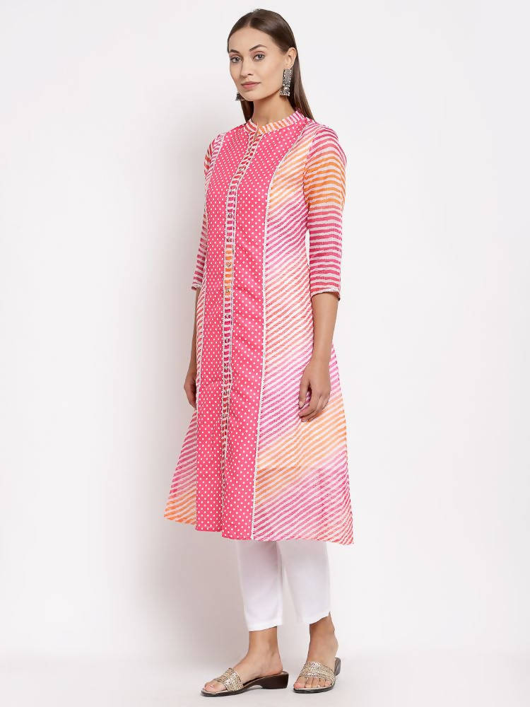Myshka Women's Pink Cotton Printed 3/4 Sleeve Round Neck Casual Kurta | Grocsy