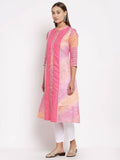Myshka Women's Pink Cotton Printed 3/4 Sleeve Round Neck Casual Kurta | Grocsy