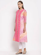 Myshka Women's Pink Cotton Printed 3/4 Sleeve Round Neck Casual Kurta | Grocsy