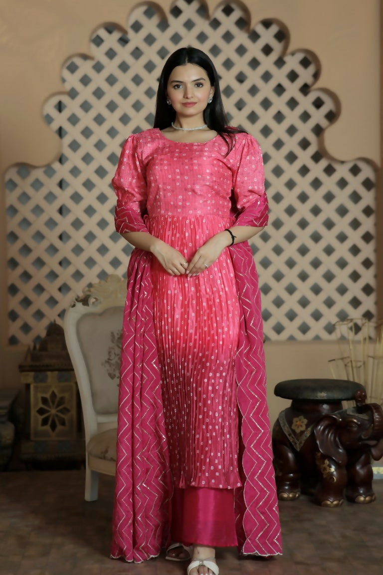 Jyoti Fashion Women's Pink Muslin Floral Print with Crush Pleating Kurta with Trouser & Dupatta | Grocsy