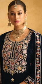 Anaita Dark Blue Embroidered with Beads Velvet Stitched Plazo Suit | Grocsy