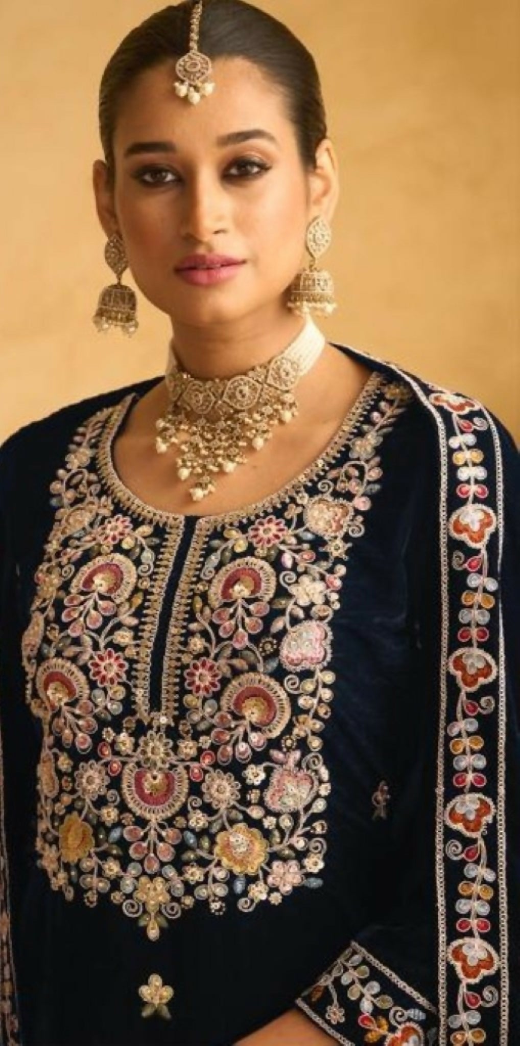 Anaita Dark Blue Embroidered with Beads Velvet Stitched Plazo Suit | Grocsy