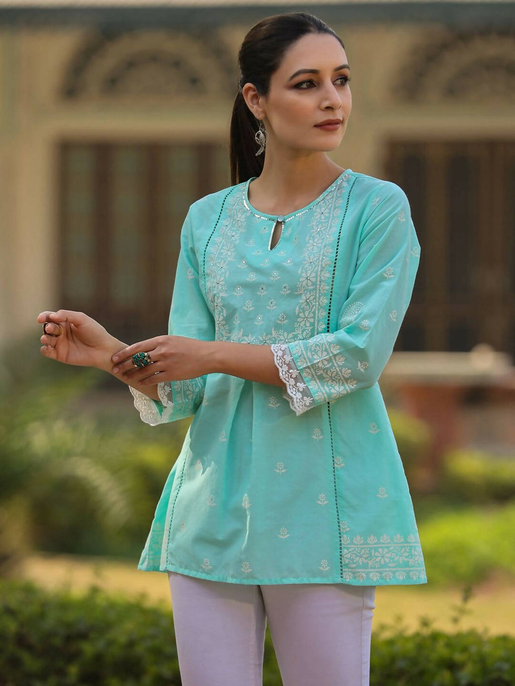Juniper Women's Aqua Cambric Floral Printed Tunic | Grocsy