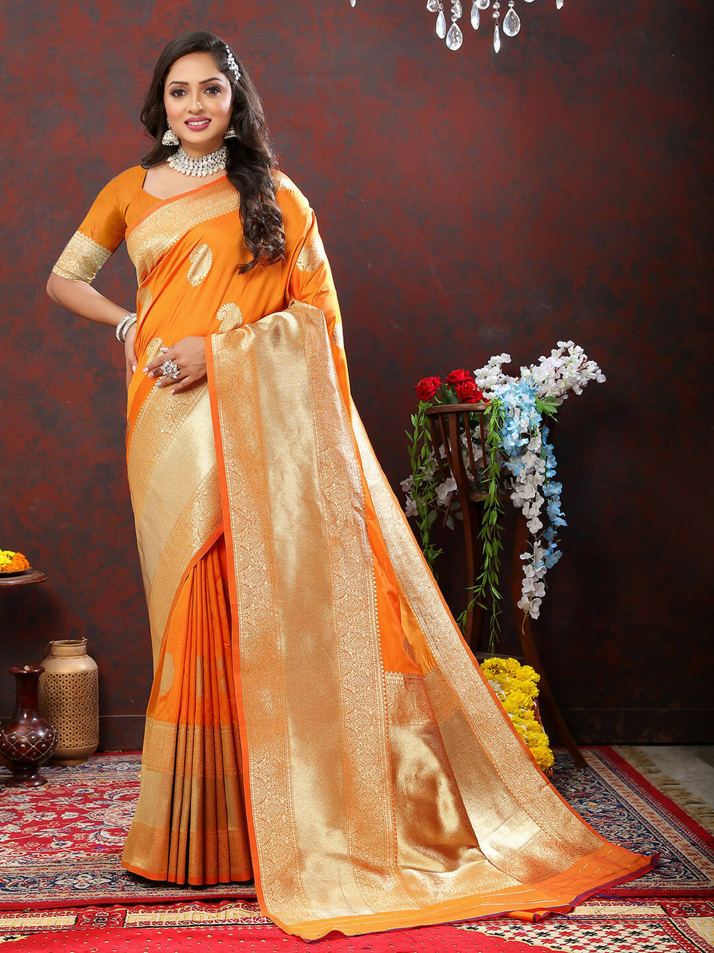 Lorenvalley Fashion Orange Soft Silk Woven Design Gold Zari Weaving Saree | Grocsy