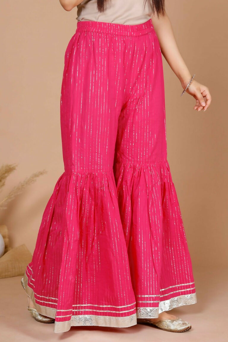 Miravan Women's Pink Printed A-Line Gotta Patti Lurex Cotton Kurti With Sharara | Grocsy