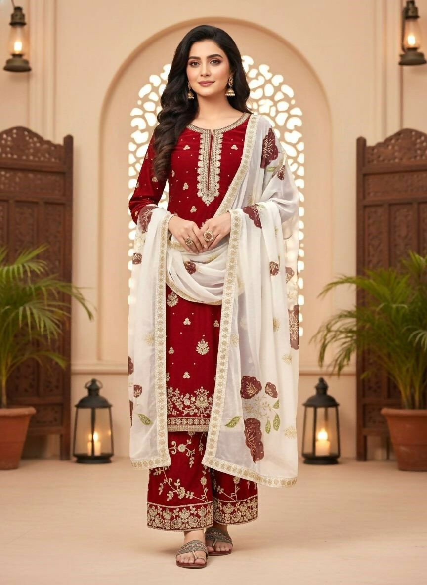 Teeya Creation Maroon Fendy Silk Beads Work Designer Wedding Wear Salwar Suit | Grocsy