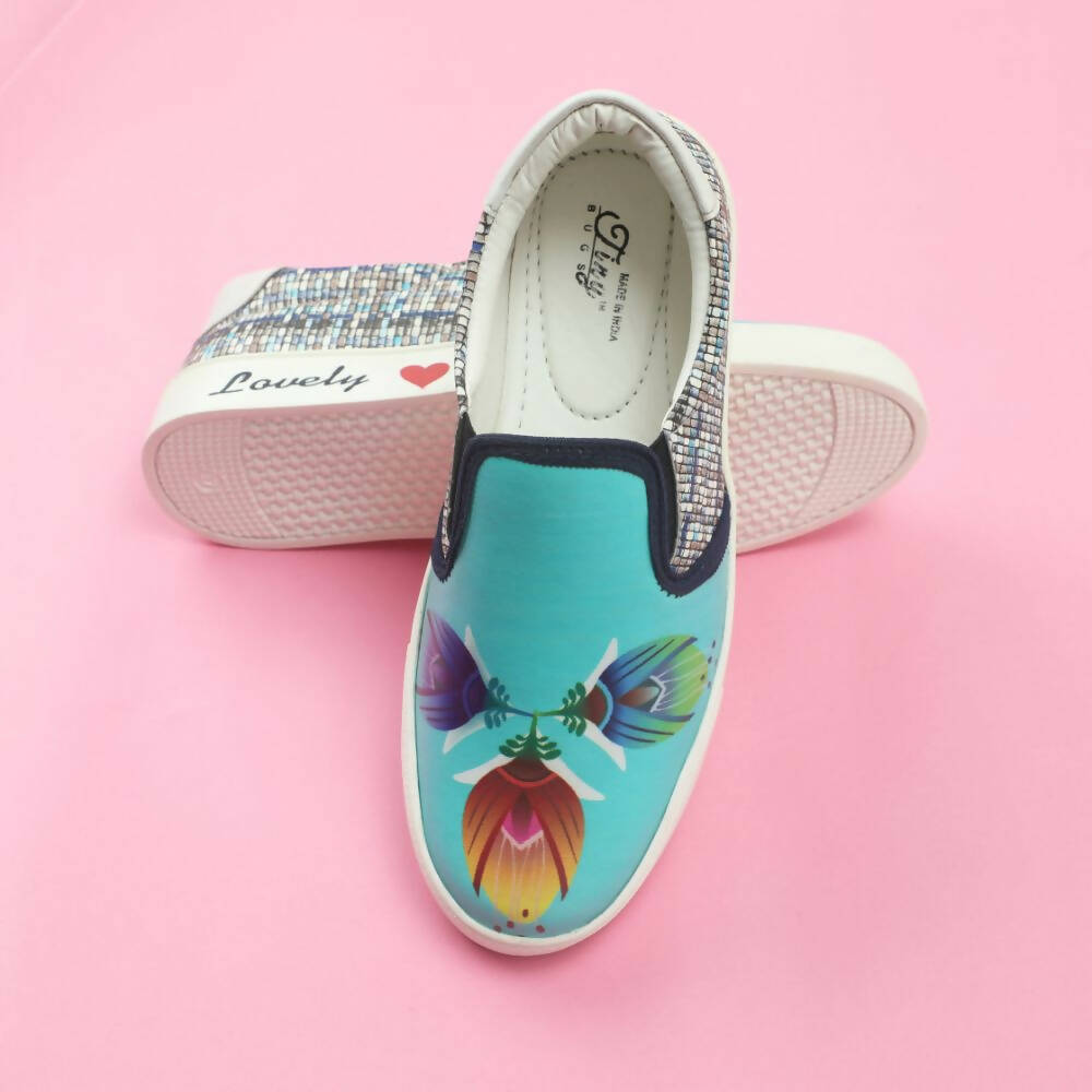 Tiny Bugs Girls Flower Printed Slip Ons Sneakers - Sky Blue | Grocsy