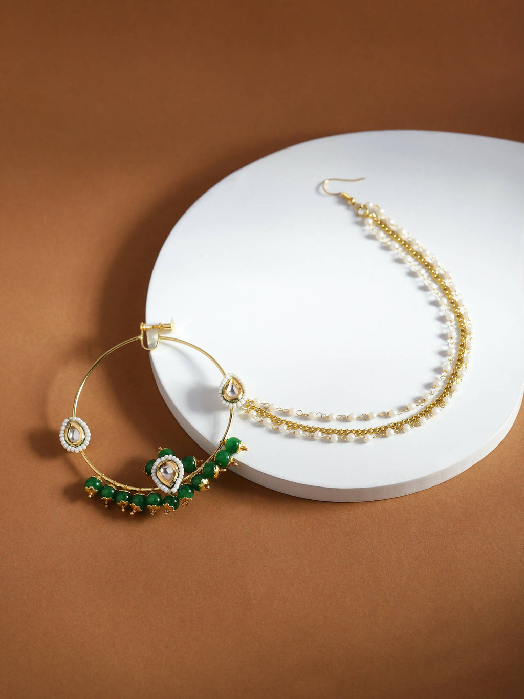Gold-Polished White Green Kundan-Studded Pearl Beaded Nosepin - Ruby Raang | Grocsy