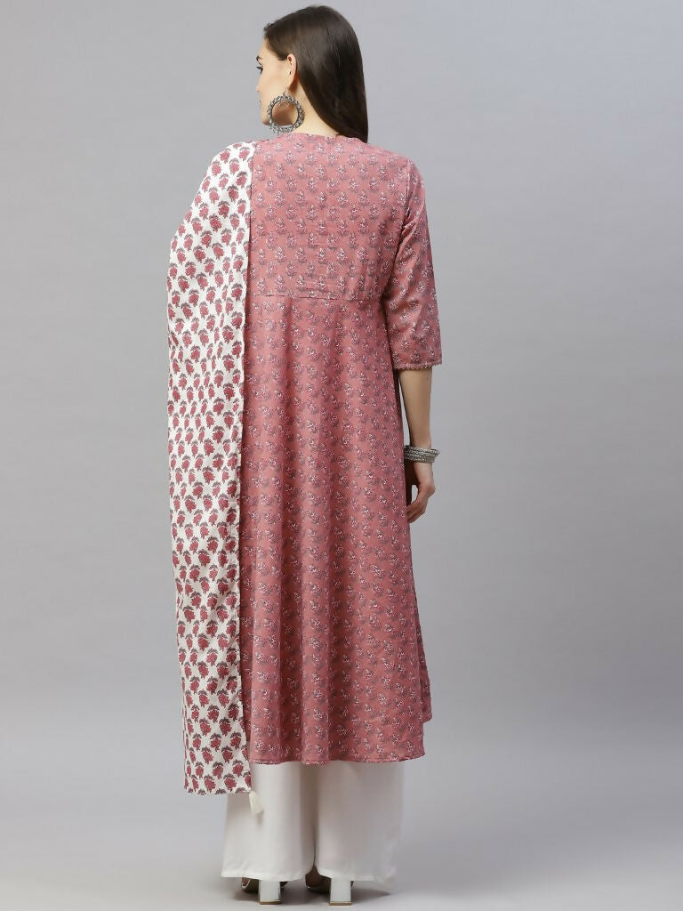 Miravan Women's Cotton Floral Print Anarkali Kurta With Dupatta | Grocsy