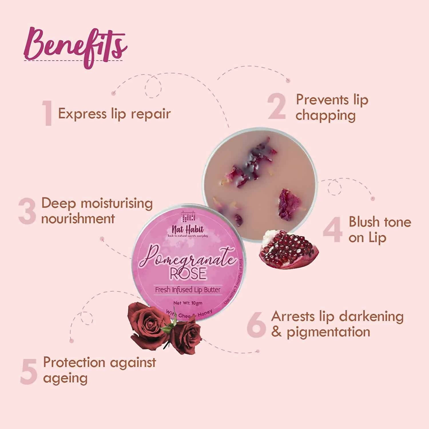 Nat Habit Pomegranate Rose Lip Butter With Ghee And Honey | Grocsy