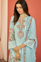 Sky Blue Heavy Faux Georgette Embroidered Semi Stitched Suit - Dhvani | Grocsy