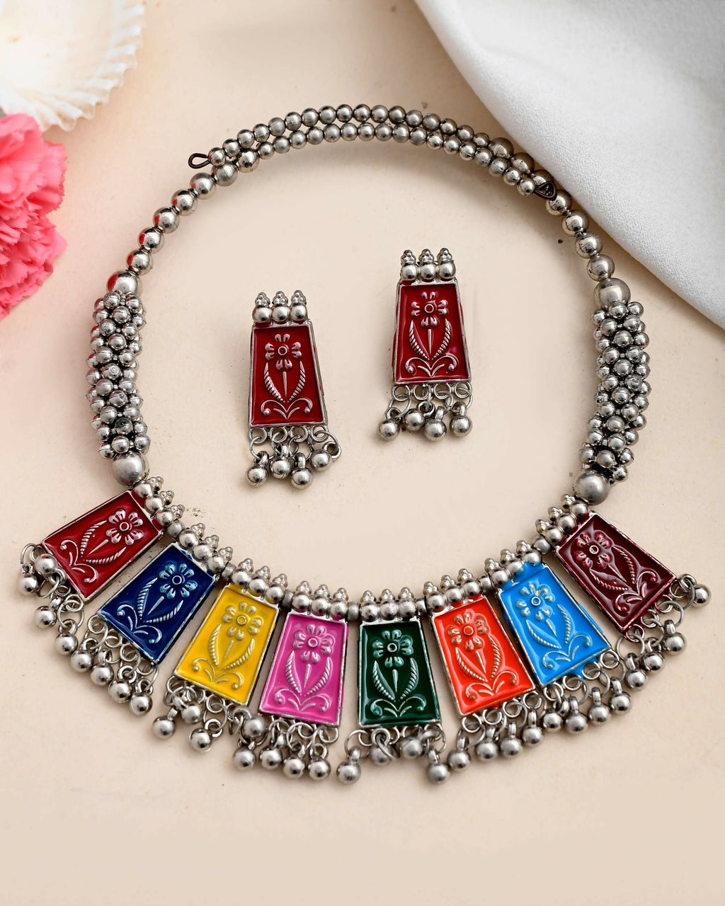 VOJ Silver Plated Oxidized Multi Color Hasli with Earring Set | Grocsy