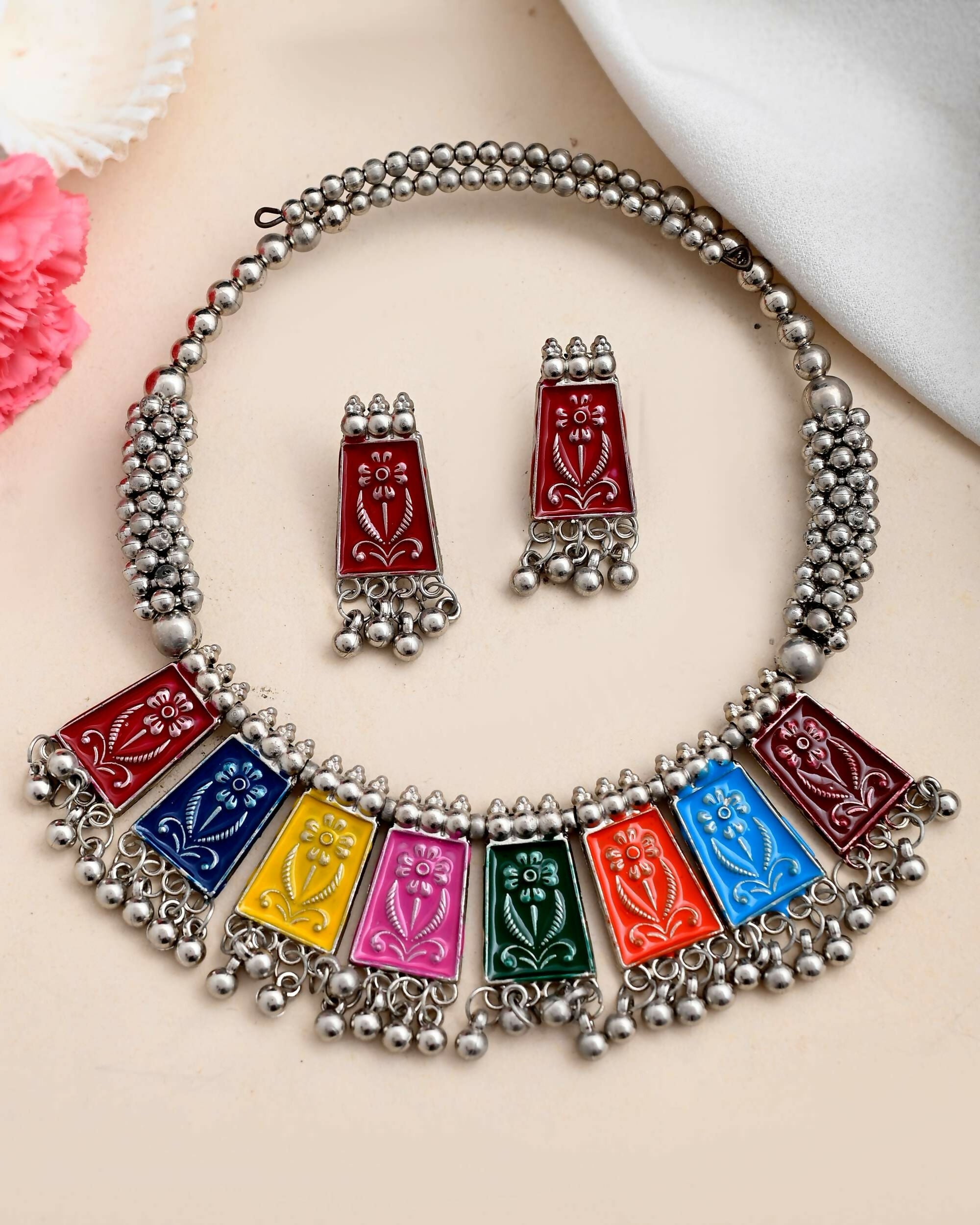 VOJ Silver Plated Oxidized Multi Color Hasli with Earring Set | Grocsy