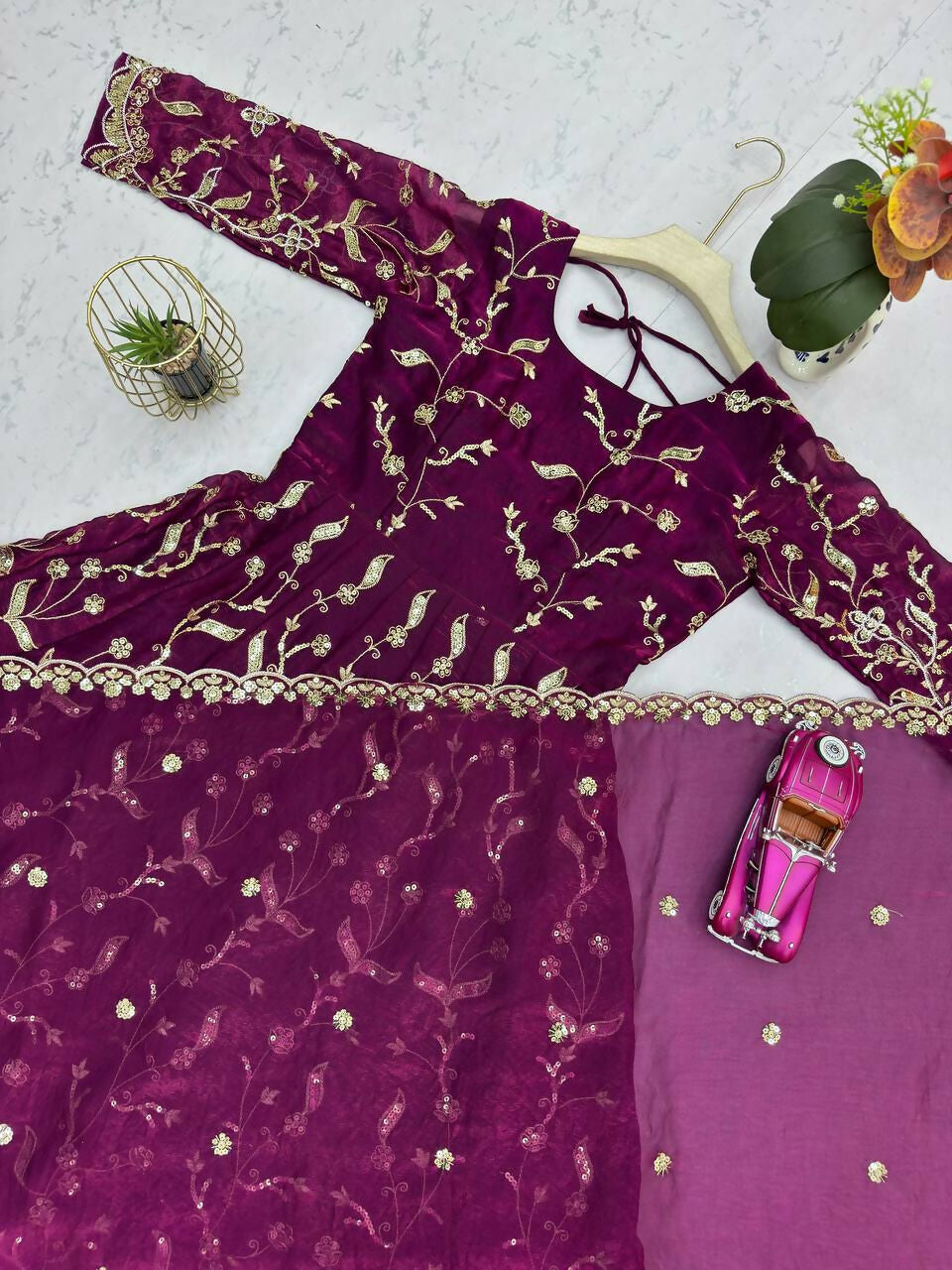 Teeya Creation Wine Color Faux Georgette Long Party Wear Gown | Grocsy