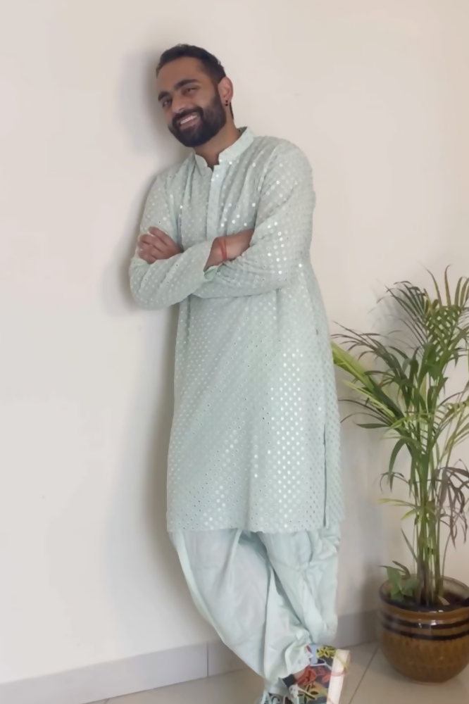Pista Green Mirror Work Designer Kurta by Hilo Design | Grocsy