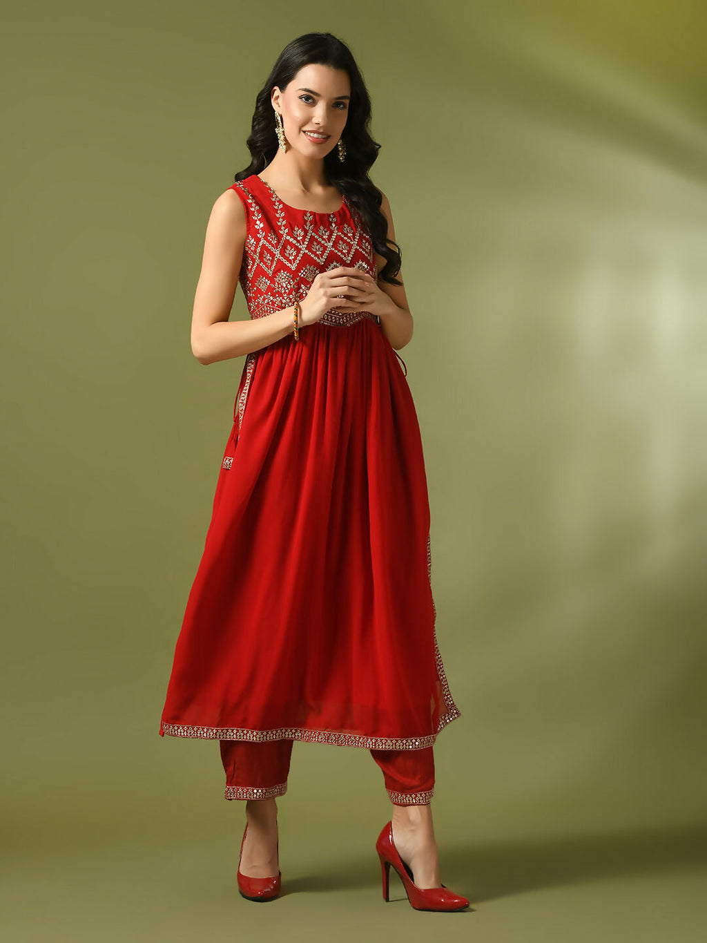 Myshka Women's Red Embroidered Georgette Anarkali Party Kurta Set | Grocsy