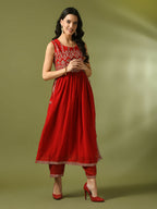 Myshka Women's Red Embroidered Georgette Anarkali Party Kurta Set | Grocsy