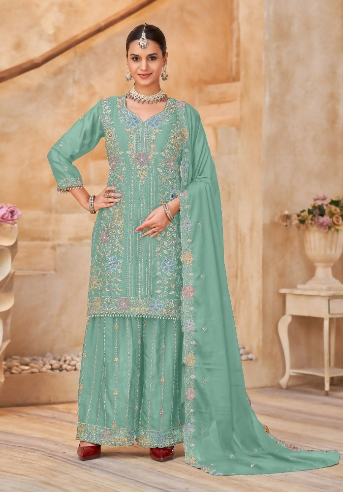 Anaita Sky Blue Vichitra Silk Readymade Palazzo Suit with Embroidery & Lace Work | Grocsy