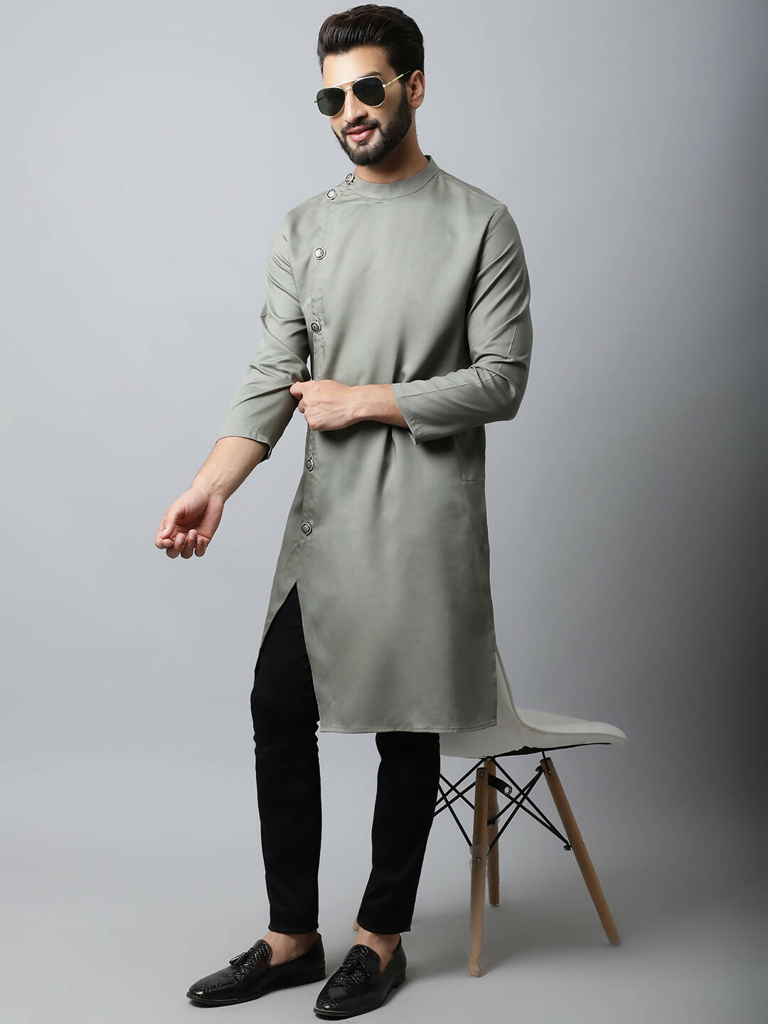 Even Apparels Grey Color Pure Cotton Sherwani Men's Kurta With Asymetrical Cut (SLD1181) | Grocsy