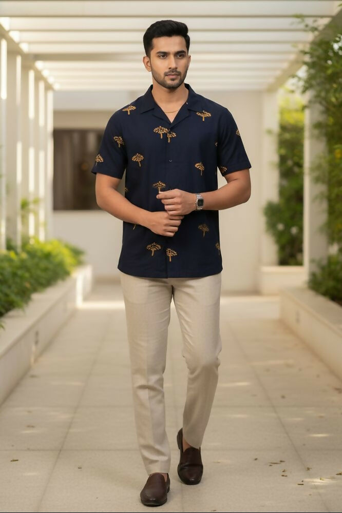 Vriksha — Navy Dabu Cotton Shirt by Hilo Design | Grocsy