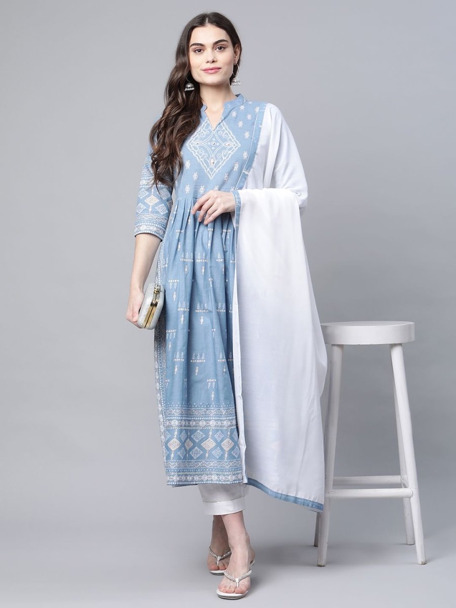 Ahalyaa Women Pastel Blue Pure Cotton Printed Kurta Pant Set With Dupatta | Grocsy
