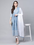 Ahalyaa Women Pastel Blue Pure Cotton Printed Kurta Pant Set With Dupatta | Grocsy