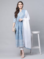 Ahalyaa Women Pastel Blue Pure Cotton Printed Kurta Pant Set With Dupatta | Grocsy