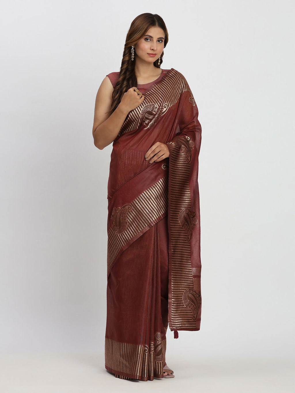 Shree Shyam Fashion Linen Cotton Maroon Saree | Grocsy