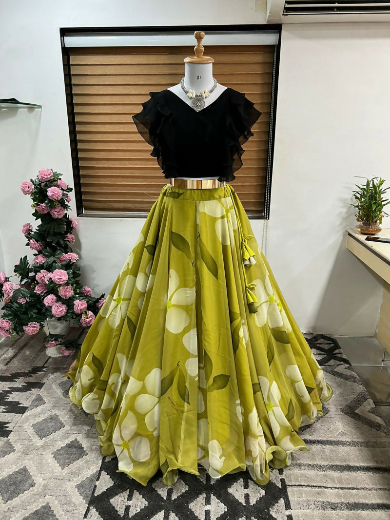 Dishitha Creation Floral Printed Stitched Lehenga & Crop Top - Black & Green | Grocsy