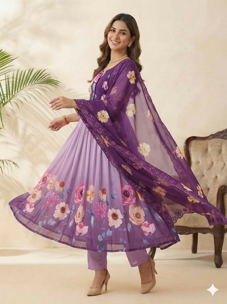 Teeya Creation Womens New Fancy Fox Georgette Heavy Quality Fabric With Handwork Purple Gown Set | Grocsy