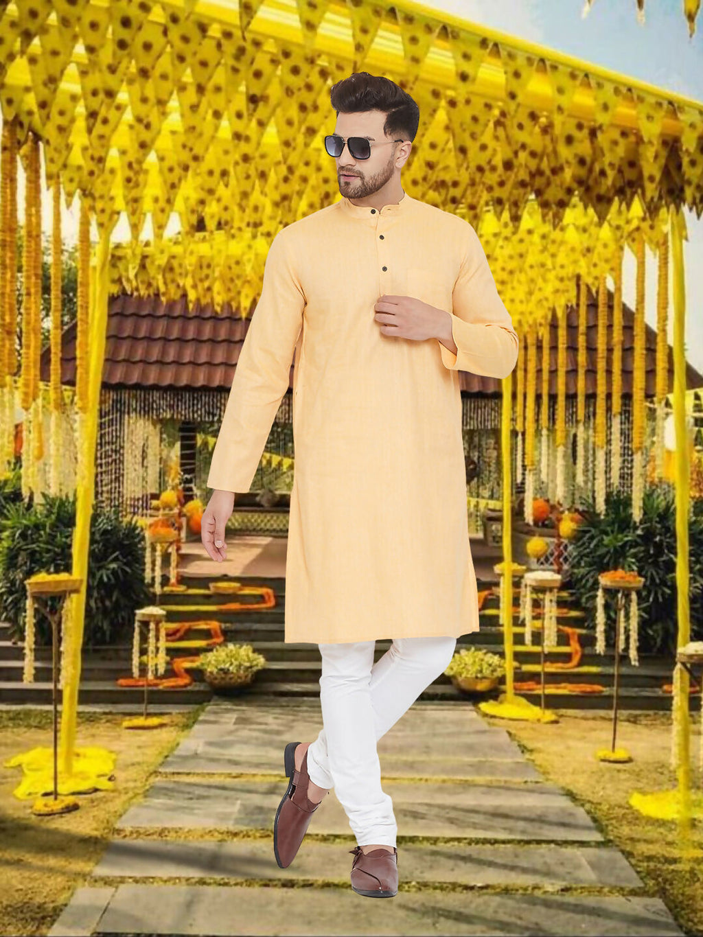 Even Apparels Men's Pure Cotton Yellow Kurta | Grocsy