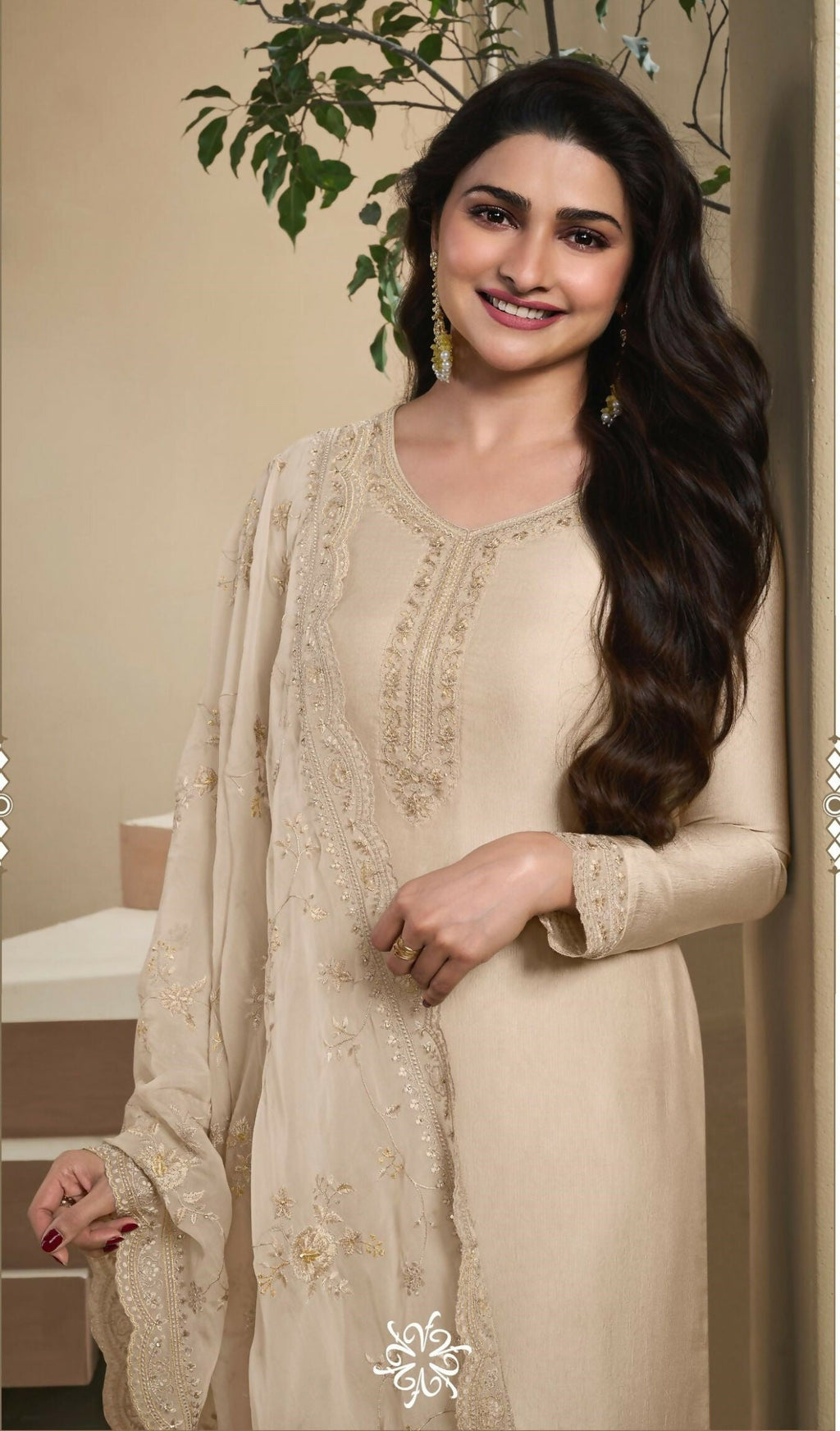 Anaita Beige Heavy Natural Crepe Stitched Suit with Embroidery & Zarkhan Work | Grocsy