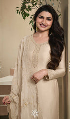 Anaita Beige Heavy Natural Crepe Stitched Suit with Embroidery & Zarkhan Work | Grocsy