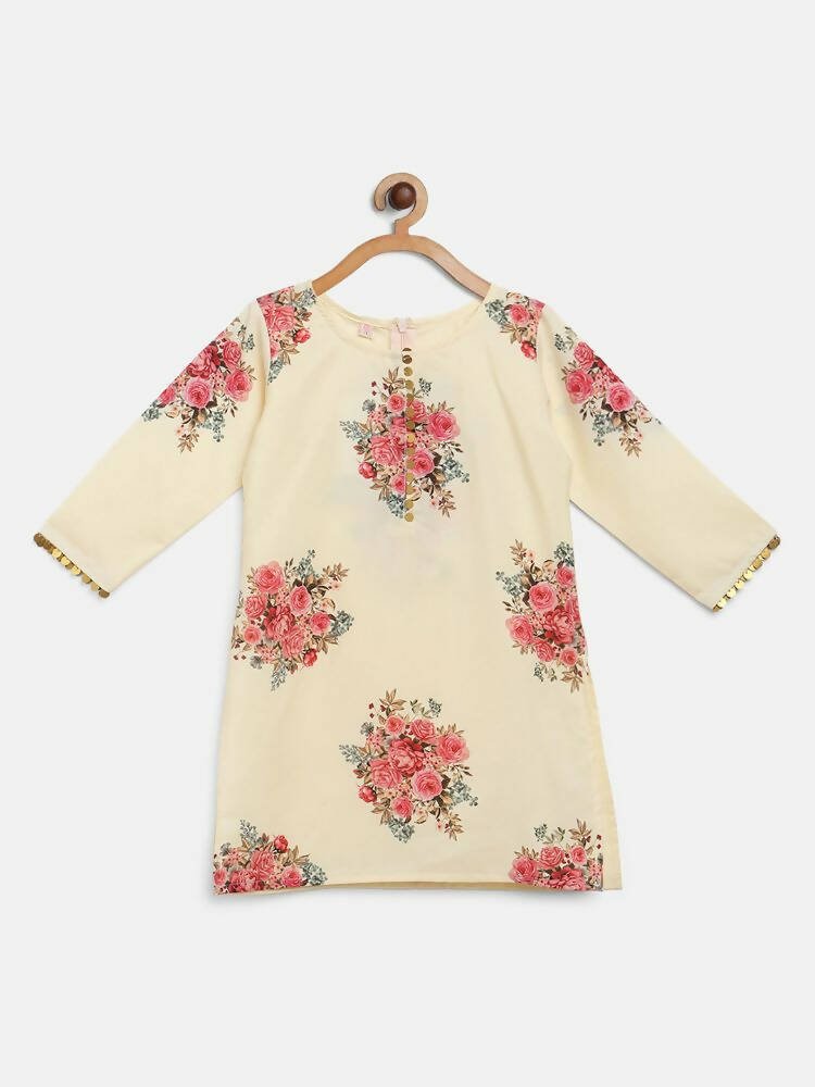 Ahalyaa Beige Crepe Floral Printed Kids Kurta Palazzo Set With Dupatta For Girls | Grocsy