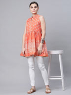 Ahalyaa Women Orange Pure Cotton Porcian Print Tunic | Grocsy