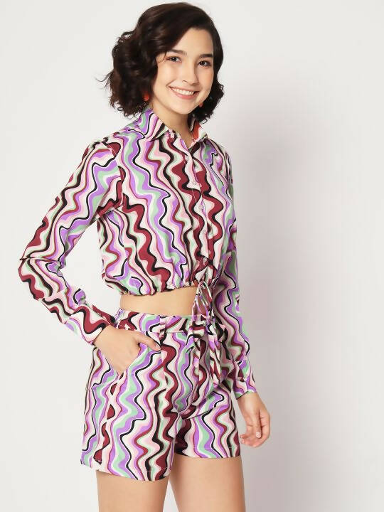 Purple Crepe Chevron Printed Top with Matching Shorts Set - Shivani | Grocsy