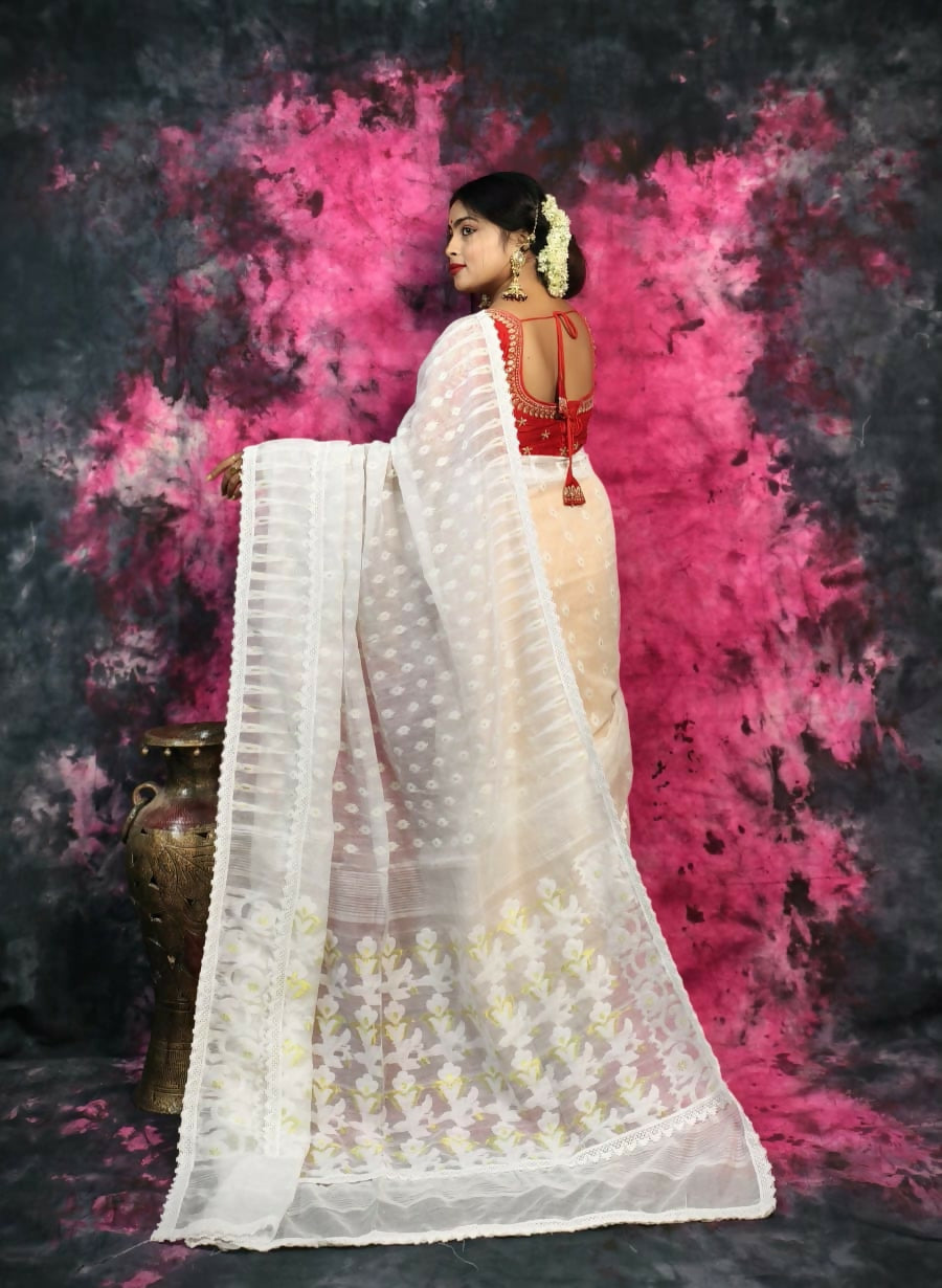 Exclusive Collection Beautiful White Jaal Jamdani Saree | Grocsy