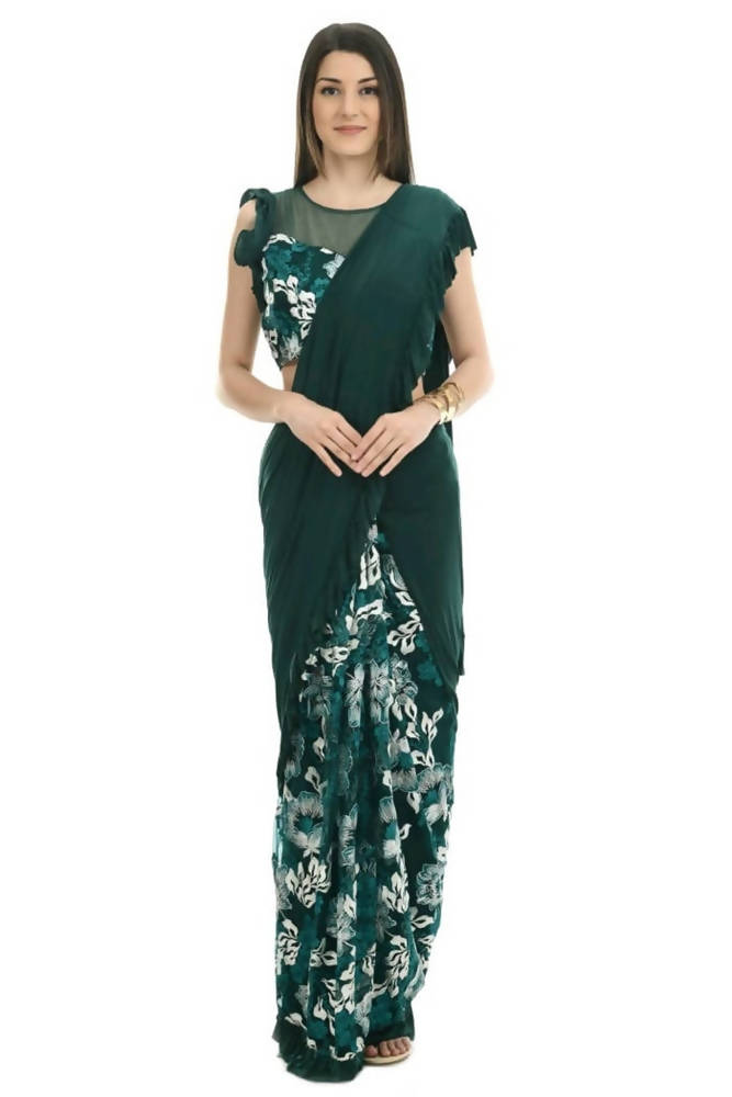 Mominos Fashion All Season Wear Bottle Green & White Thread Embroidered Ruffled Ready To Wear Saree | Grocsy