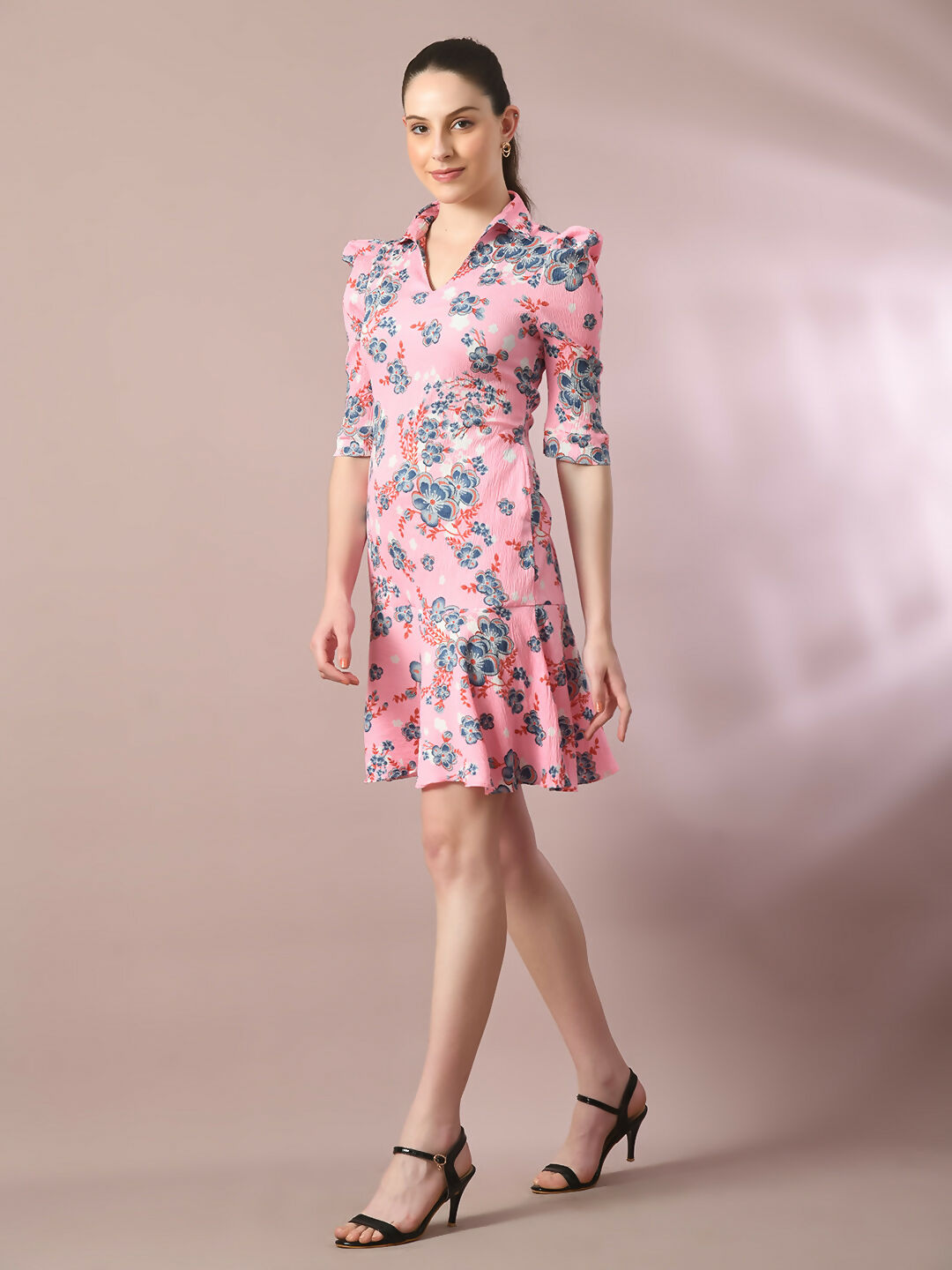 Myshka Women's Pink Printed Shirt Collar Fit and Flare Party Dress | Grocsy
