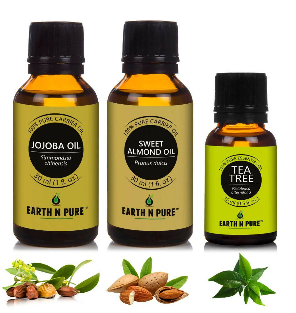Earth N Pure Essential Oils (Jojoba, Sweet Almond & Tea Tree) Combo | Grocsy