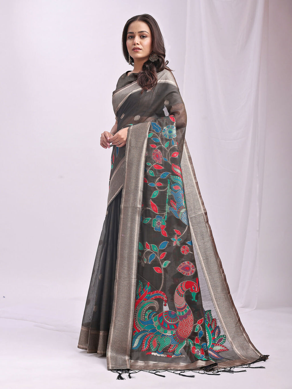 Shree Shyam Fashion Linen Cotton Grey Saree | Grocsy