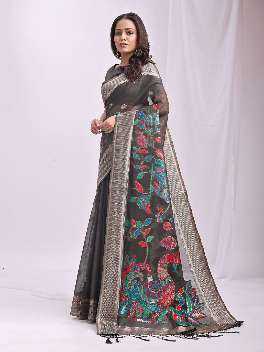 Shree Shyam Fashion Linen Cotton Grey Saree | Grocsy