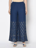 Aniyah Rayon Blue Color Gold Print Flared Slip-On Palazzo (AN-209K) | Grocsy