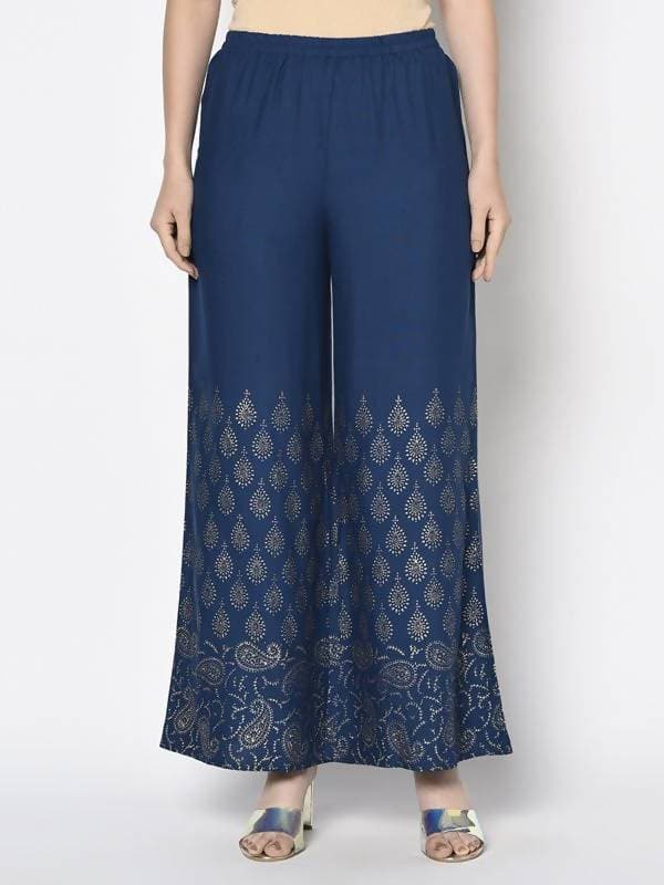 Aniyah Rayon Blue Color Gold Print Flared Slip-On Palazzo (AN-209K) | Grocsy