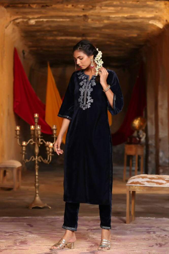 Juniper Women Navy Velvet Embroidered Straight Kurta Sets | Grocsy
