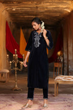 Juniper Women Navy Velvet Embroidered Straight Kurta Sets | Grocsy